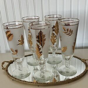Libbey MCM Frosted Gold Leaf 8 Ounce Champagne Pilsner Glasses Set of 5 Like New